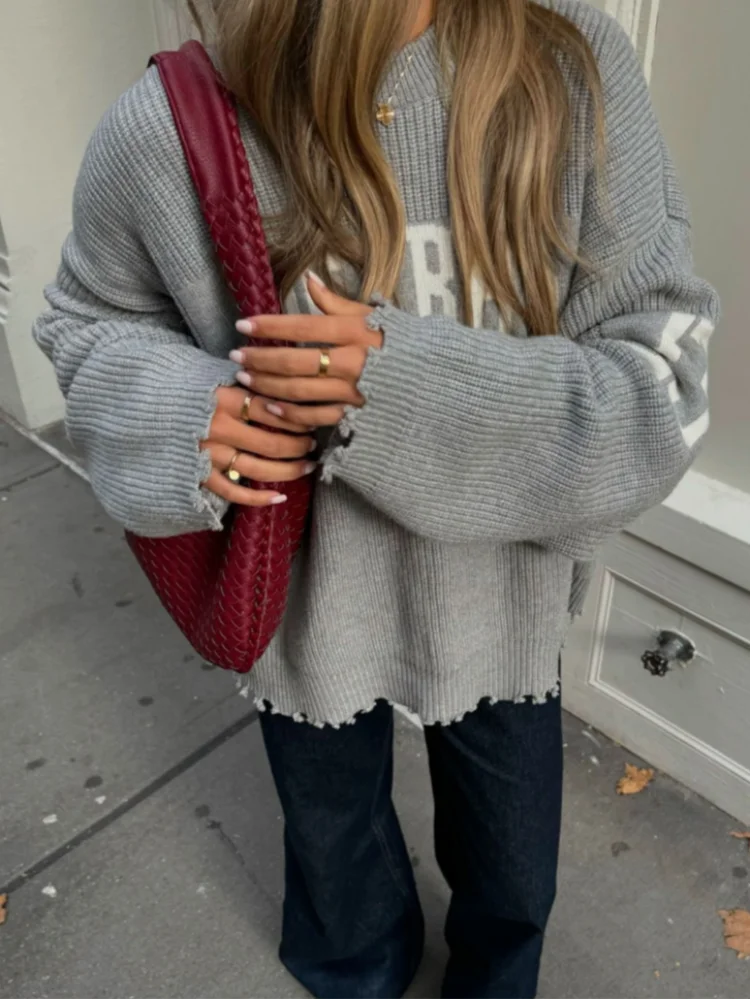 

Свободный жаккардовый вязаный пуловер с надписью, женский осенний пуловер 202, новый Highstreet, серый, черный, мягкий свитер, универсальный трикотаж