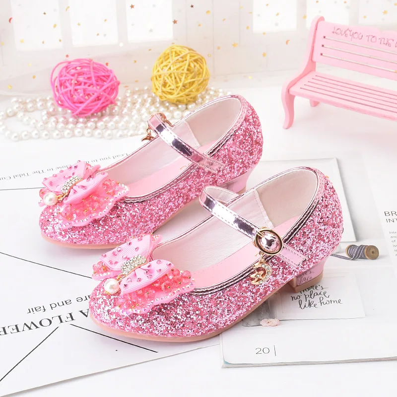 Classic Bowknot Princess Leather Shoes Kids High Heel Children Glitter Fashion Girls Party Dance Shoe Student Performance Shoes