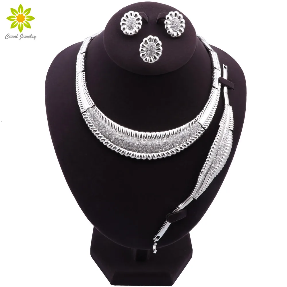 Newest African Jewelry Set For Women Dubai Bridal Wedding Jewelry set ltalian Silver Color Necklace Ring Earrings Bracelet