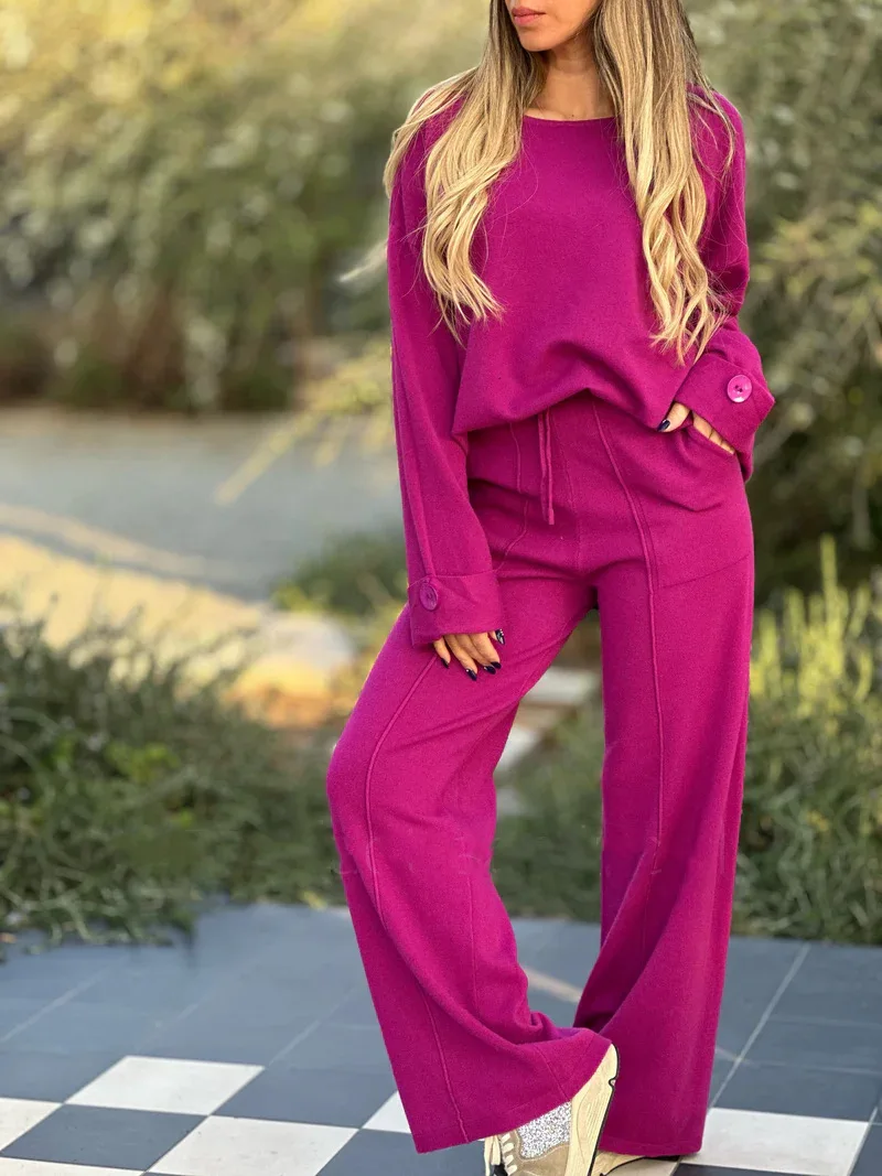 Women\'s 2024 New Fashion Casual Suit Solid Color Long-Sleeved Suit Wide-Leg Pants Trousers Two-Piece Set Women\'s Two Pieces Set