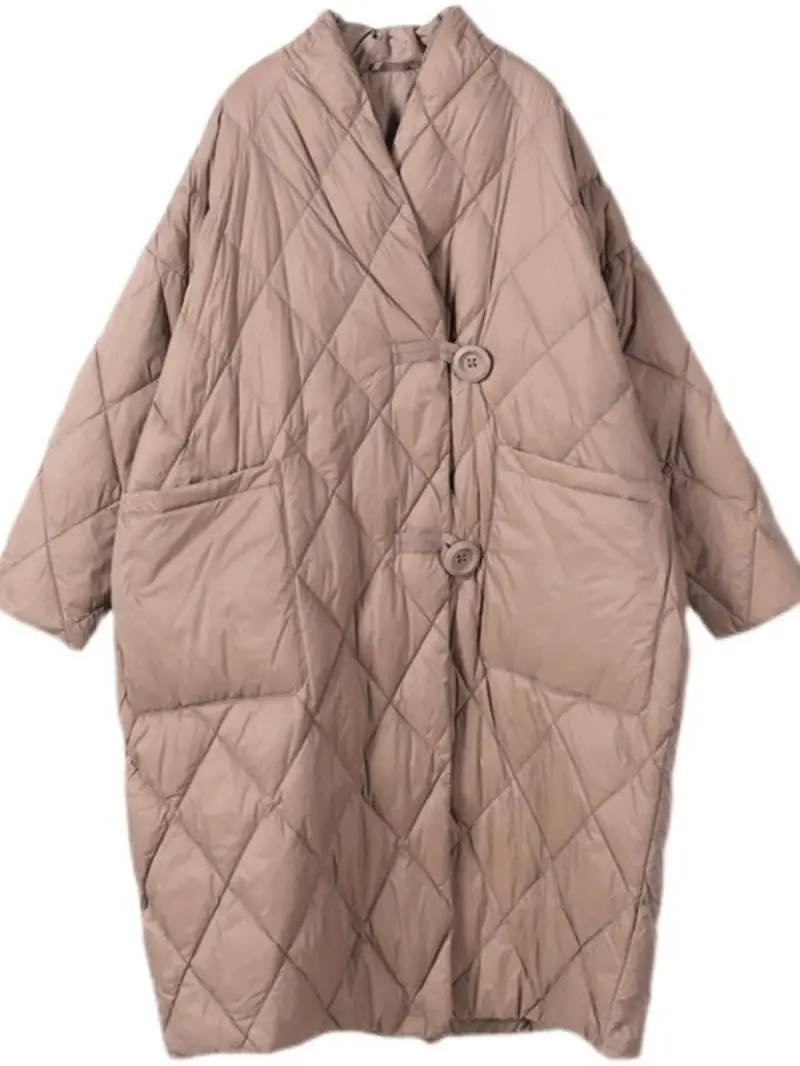 

Loose Fit Lightweight down Cotton Jaet Women's Mid-Length Over-Knee V-Ne Quilted Coat Korean Sle Winter Faion