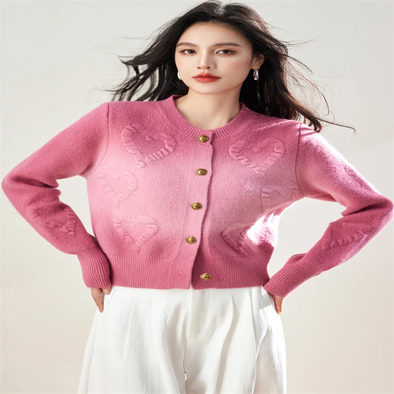 FOTVOTEE Y2k Fashion Gradient Knitted Cardigan Women Chic Heart O Neck Single Breasted Sweater 2024 New Design Elegant Cardigans