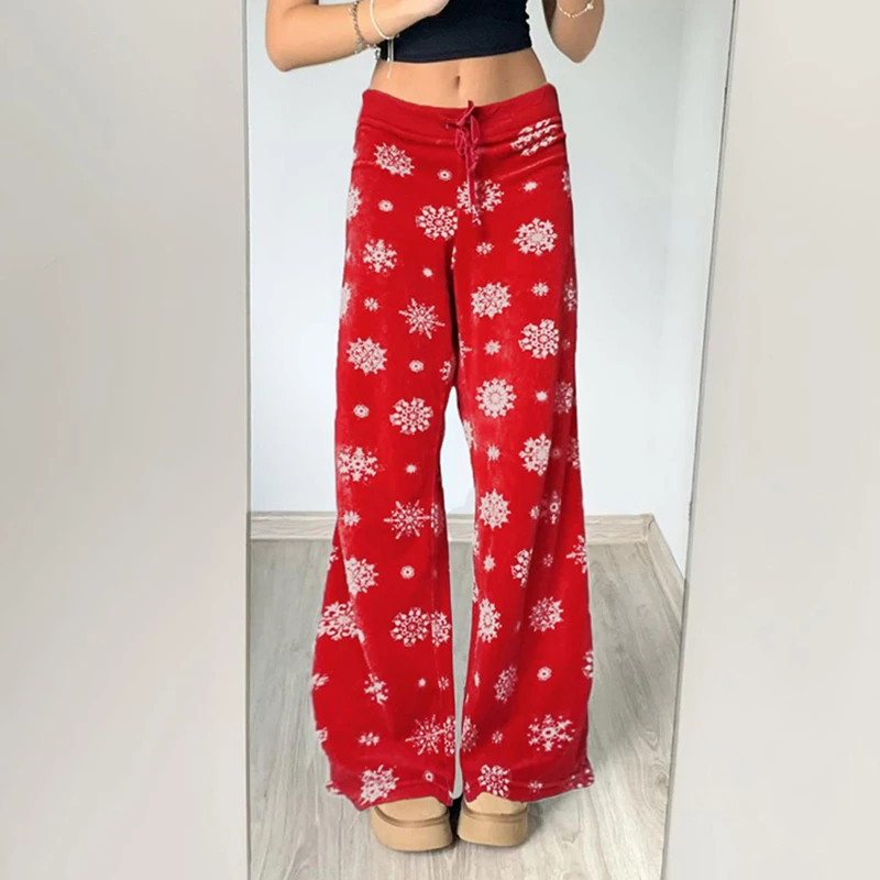 BIIKPIIK Christmas Snow Printed Pants Fashion Drawstring Casual Knitted Trousers Autumn Winter Straight Slacks Festival New Year