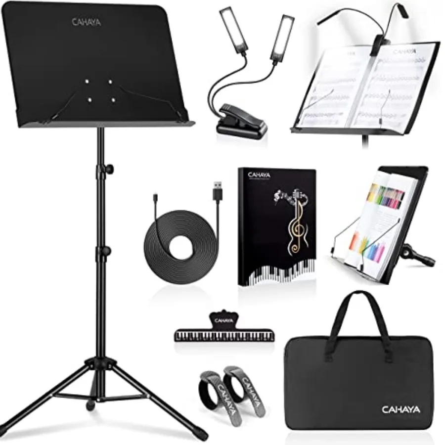 

CAHAYA 6 IN 1 Sheet Music Stand with Stand Light Desktop Book Stand with Carrying Bag Sheet Music Folder and Clip Metal Portabl