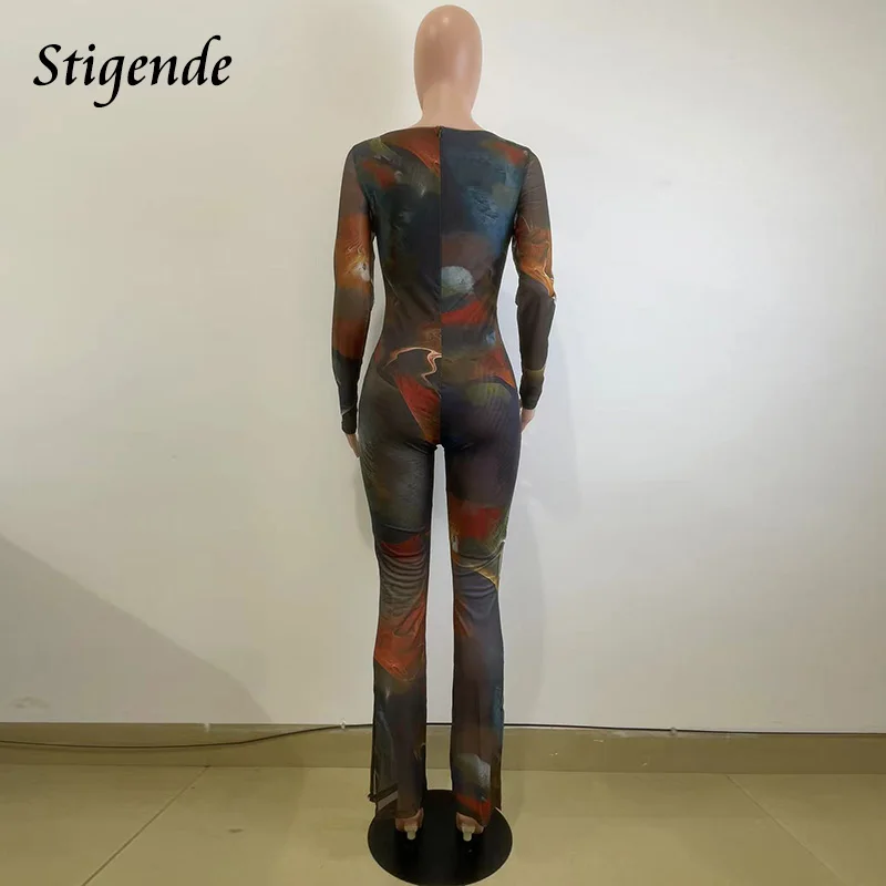 Stigende Sexy See Through Mesh Jumpsuit Women Tie Dye Print Back Zipper Square Neck Flared Jumpsuit