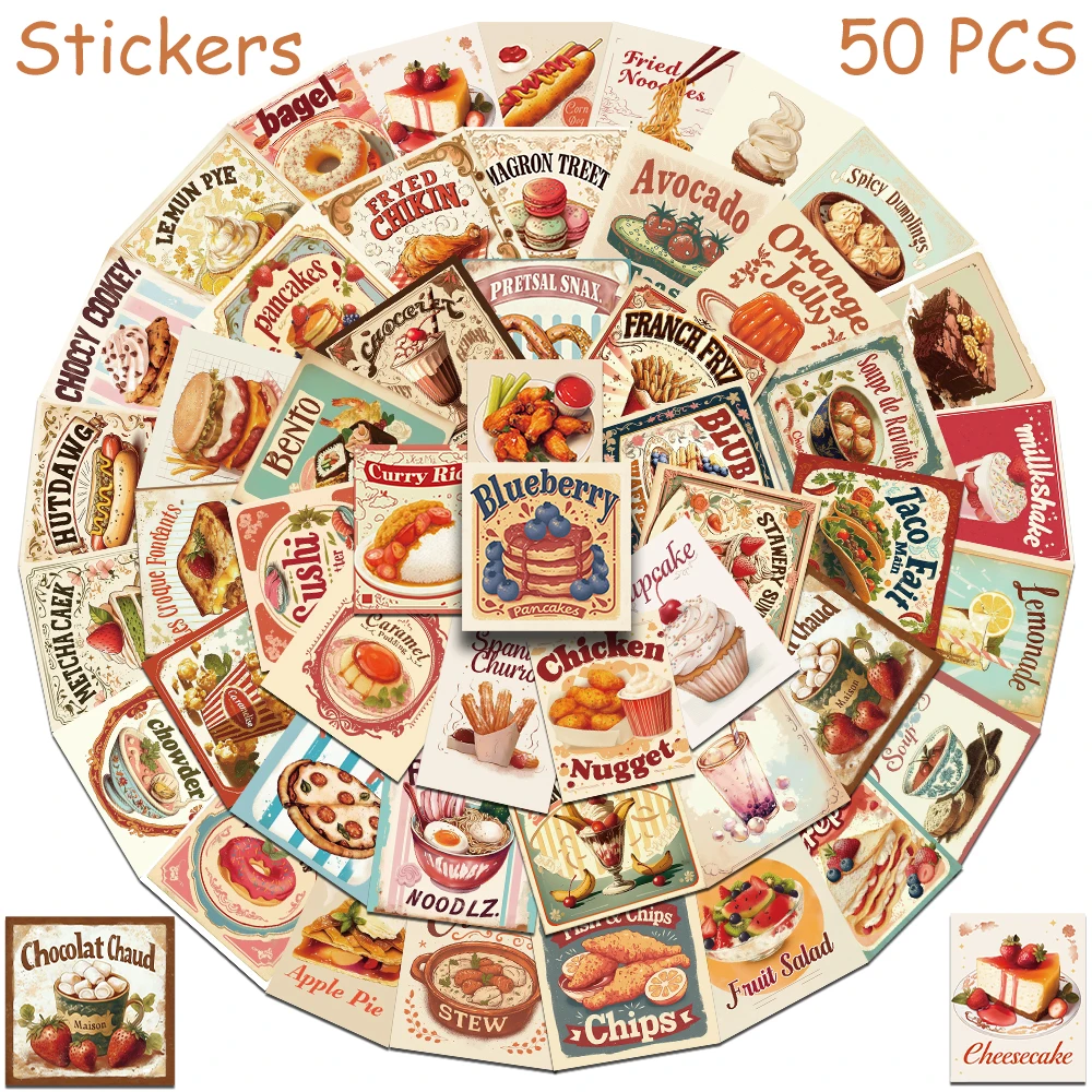 50 stücke Retro Lebensmittel Kuchen Nudel Aufkleber Aufkleber Für Laptop Sammelalbum Koffer Kühlschrank Gitarre DIY Cartoon Ästhetische Aufkleber – Detail 7