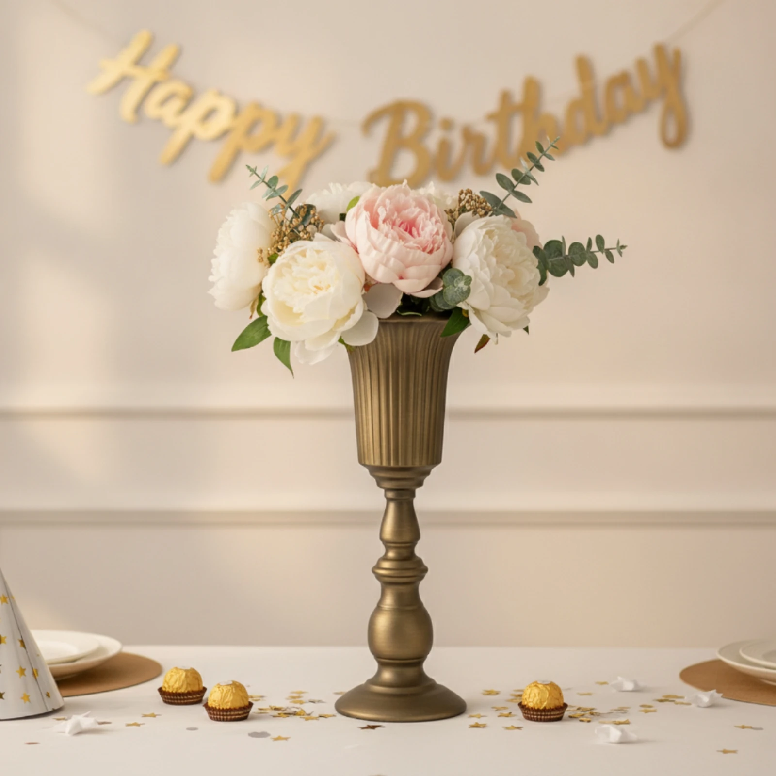 Fluted Goblet Vase Ribbed Metal Vase with Pedestal Stemmed Pedestal Urn Classic Timeless for Florists, Tabletop Display