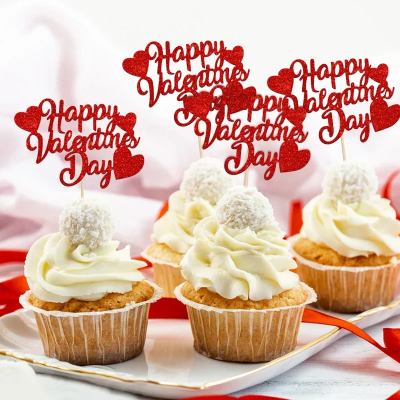 24Pcs Happy Valentines Day Cupcake Toppers Glitter Red Cupcake Picks Wedding Decorations Gift for Valentine\'s Day Party Supplies