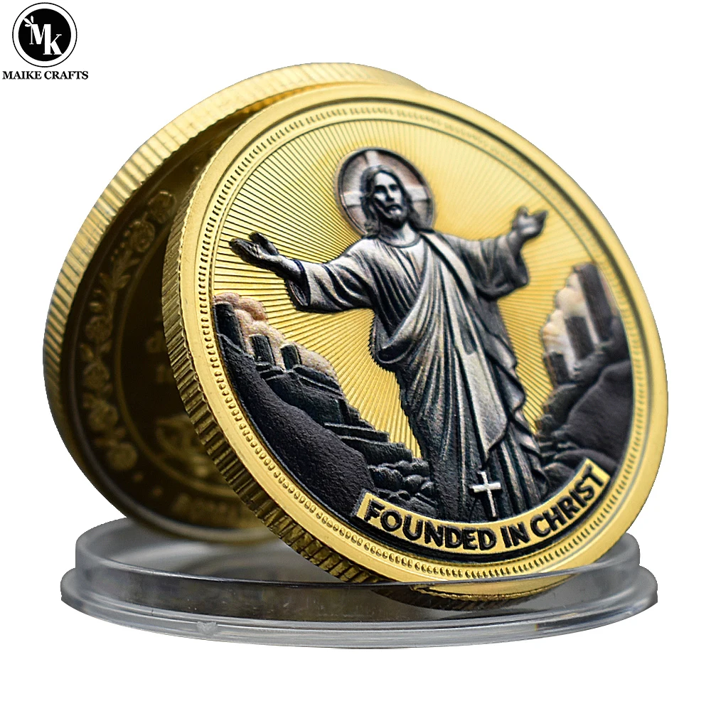 

New Jesus Commemorative Coin FOUNDED IN CHRIST Zinc Alloy Three-dimensional Christian Cross Metal Medal Collection Gift