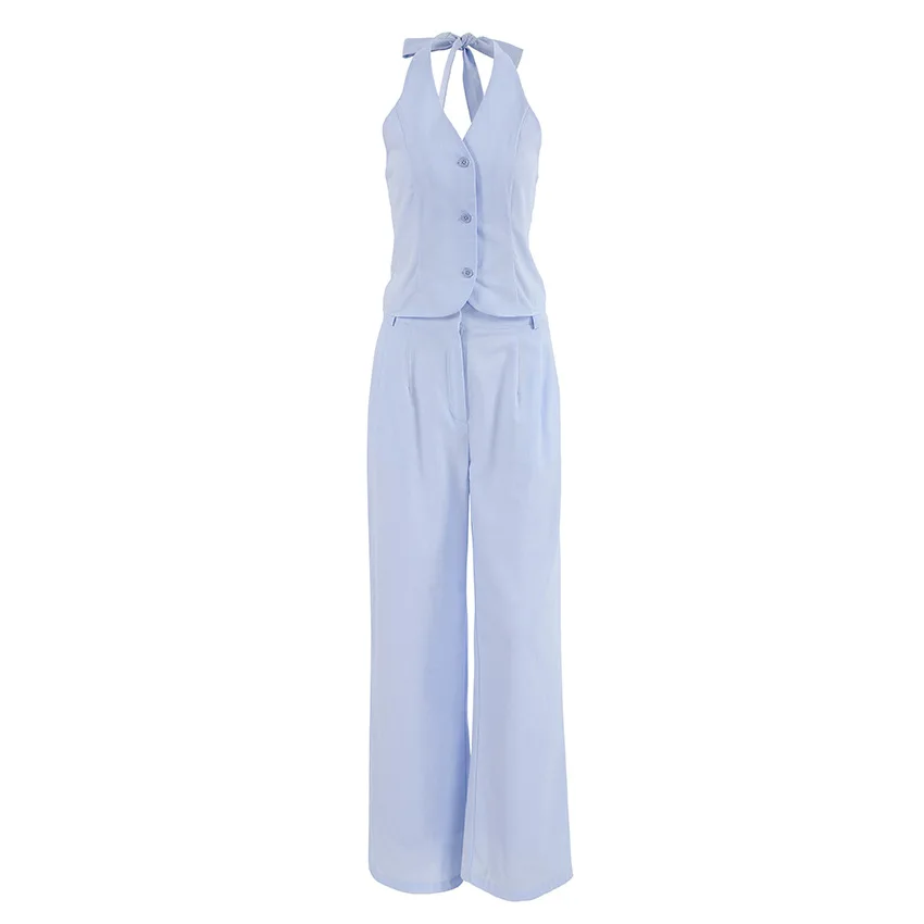 

Simple And Fashionable Hanging Neck Vest Summer Cardigan Wide Leg Pants Two-Piece Set Women's Clothing