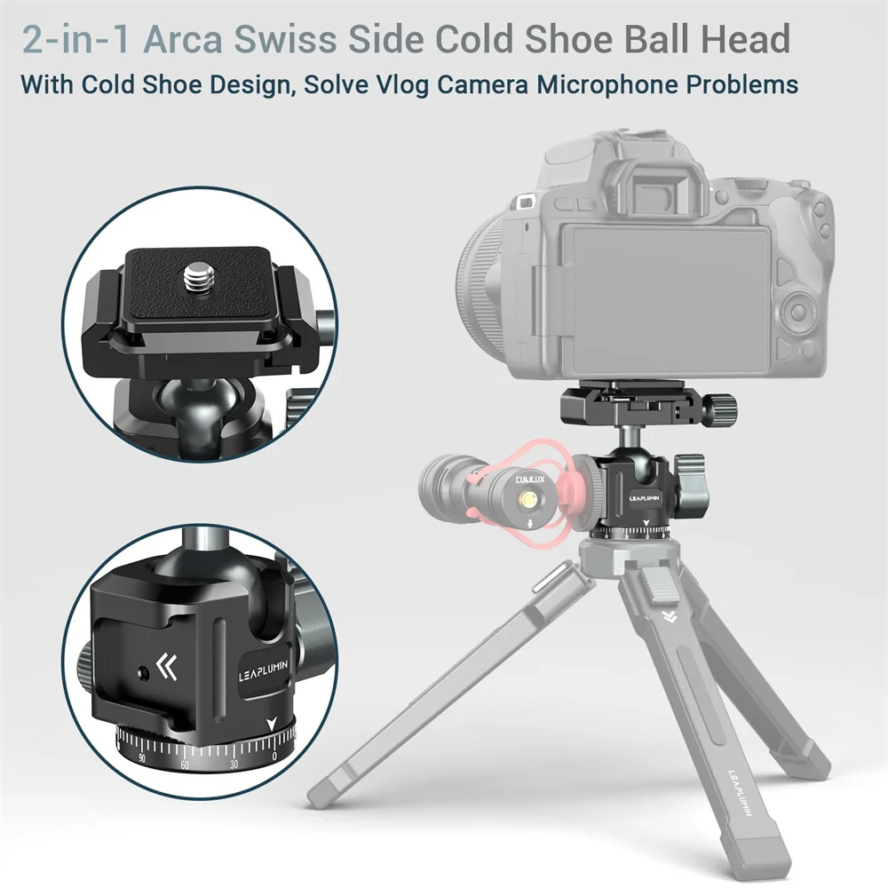 Quick Release Aluminum Tripod Ball Head w Arca Swiss +Cold Shoe Camera Mount for DSLR Camera Monitor Mic Light Tripod Photograph