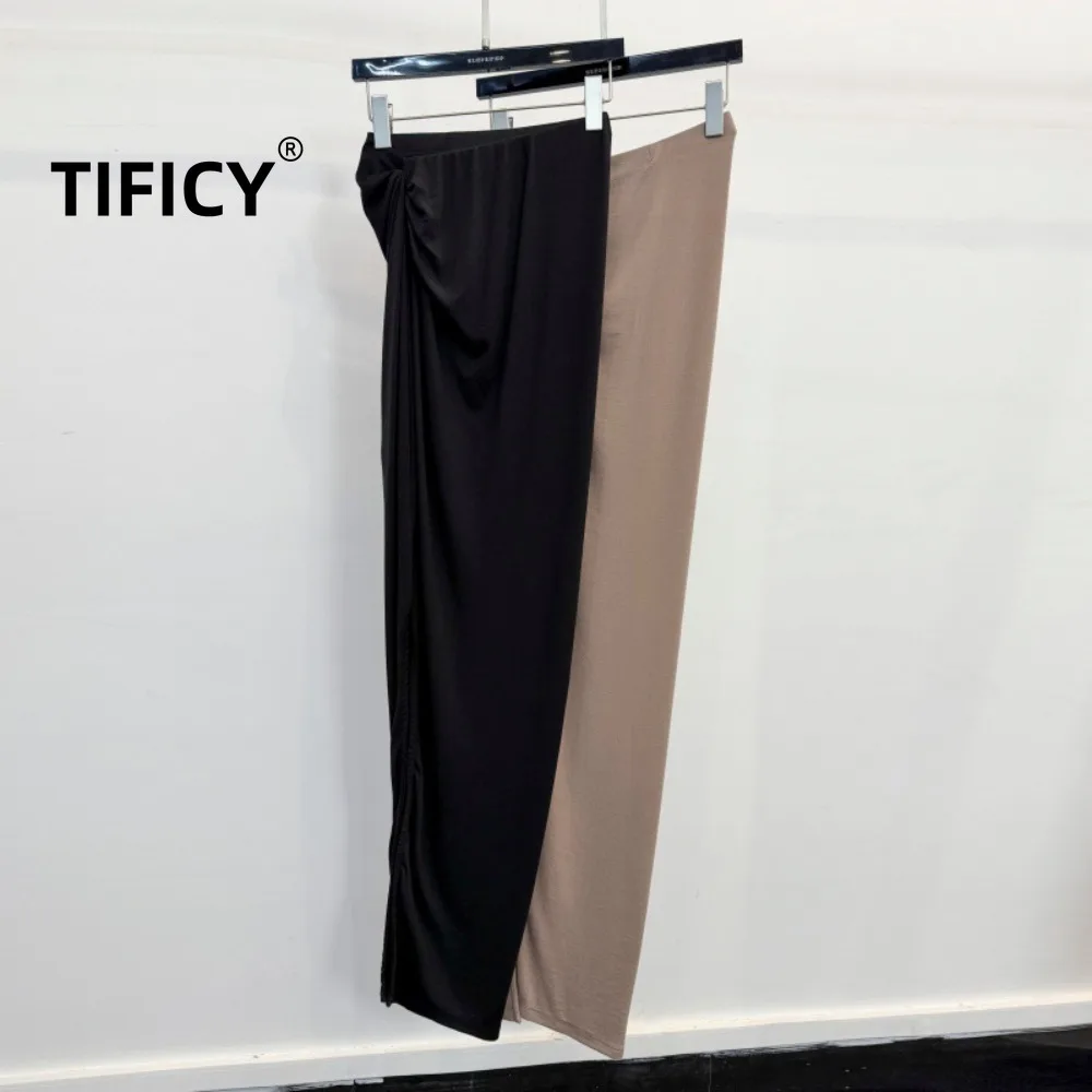 High Street Skirts Women's New Elastic Waist Side Drawstring Pleated  High Slit Design Slim Skirts for Summer Drape
