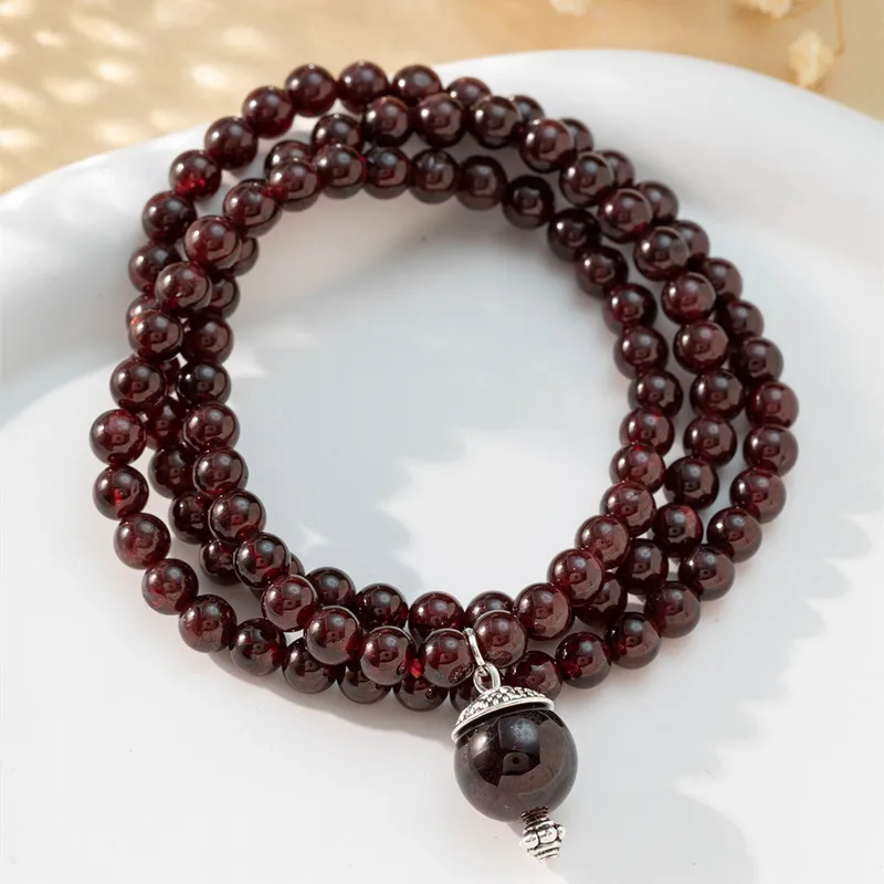 Good Quality 6 MM Natural Stone Garnet Round Bead  54CM Yaga Bracelets For Women Pendant Bracelet For Girs Gift