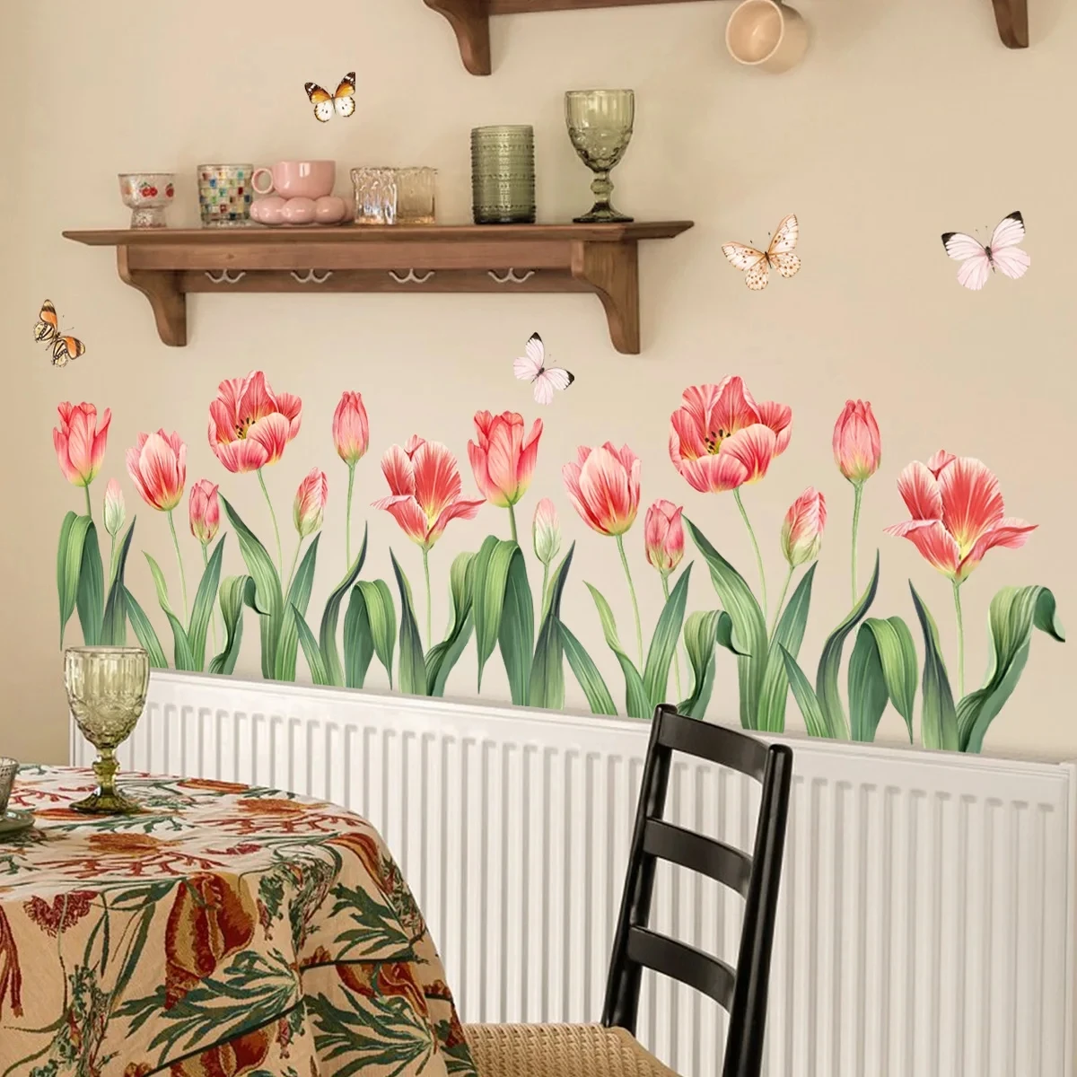 Nature Pastoral Style Pink Tulip Flower Butterfly Wall Stickers Kids Room Living-room Home Decoration Decal Poster Wallpaper