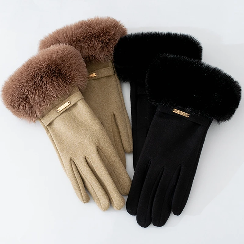 Women Winter Gloves Fashion Metal Label Touch Screen Soft Mittens Lady Female Outdoor Driving Double Warm Fur Gloves