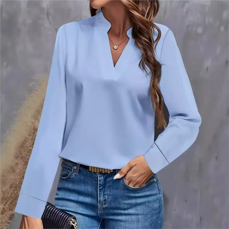 

Spring and summer elegant women's shirt new V-neck long sleeved solid color loose shirt casual white top office women's shirt