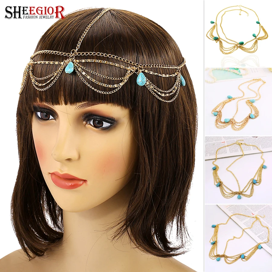 Bohemian Turquoises Head Chains Hairband Layered Tassels Chain Forehead Headband Hair Accessories for Women Party Ornaments Gift