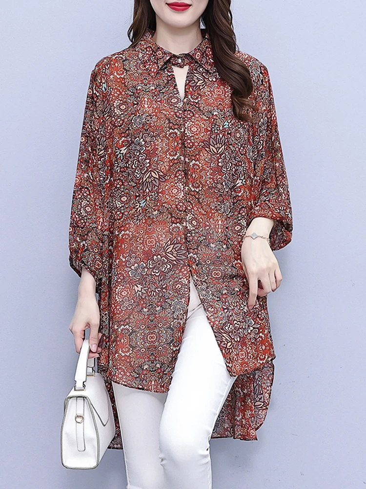 NYFS 2023 Summer New Office Lady Woman Tops Loose All-Match Chiffon Print Short Sleeve Shirt