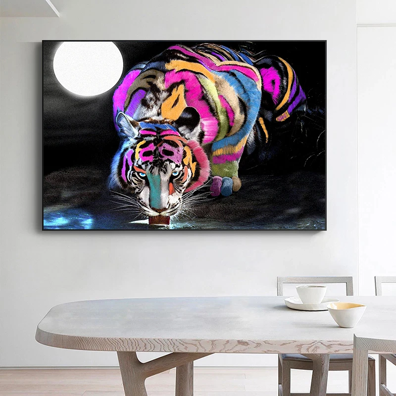 Modern Pop Colored Tiger Drinks Water In The Moonlight Wall Art Poster Canvas Painting Print Pictures for Living Room Cuadros