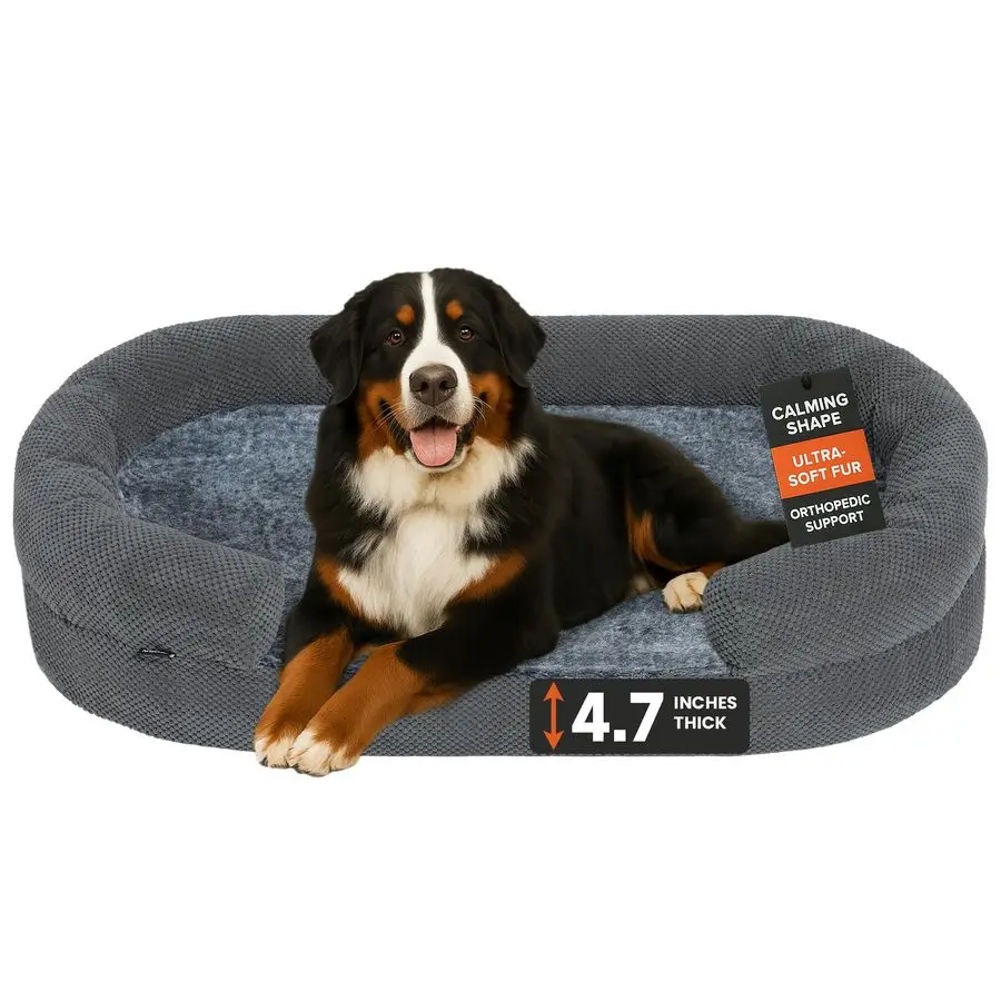 

Ортопедическая лежанка для собак с эффектом памяти, очень просторная, с поддерживающими бортиками, со съемным моющимся чехлом, разработанная для комфорта питомца.