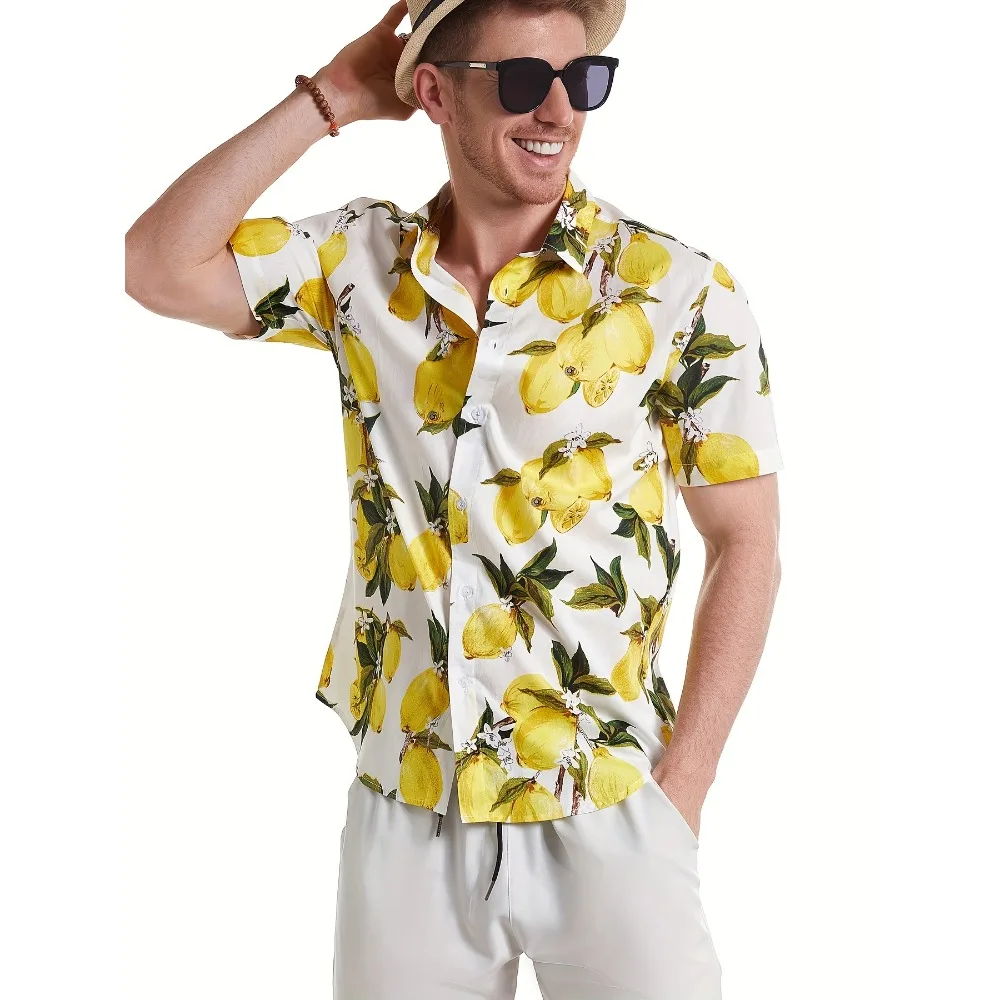 2026 Summer Men's Vitality Lemon Leaf Printed Hawaiian Shirt Short Sleeve