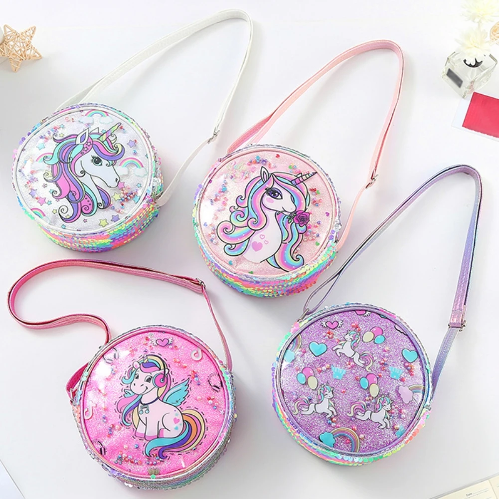 Kid Cute Cartoon Crossbody Purses And Handbags Little Girls Rainbow Sequin Purse Zipper Round Furry Shoulder Bag 2-8Y