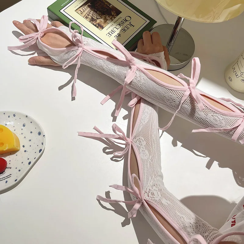 Y2KバレエコアレースシアーボウサンスリーブアームカバーUVプロテクショングローブシフォン軽量カバーアップ女性女の子夏用