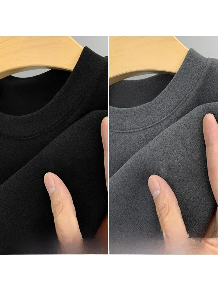 Warm Fleece Lined Long Sleeve T-Shirt round Neck Base Layer Shirt Double Sided Velvet Inner Wear for Men Korean Style Casual ...