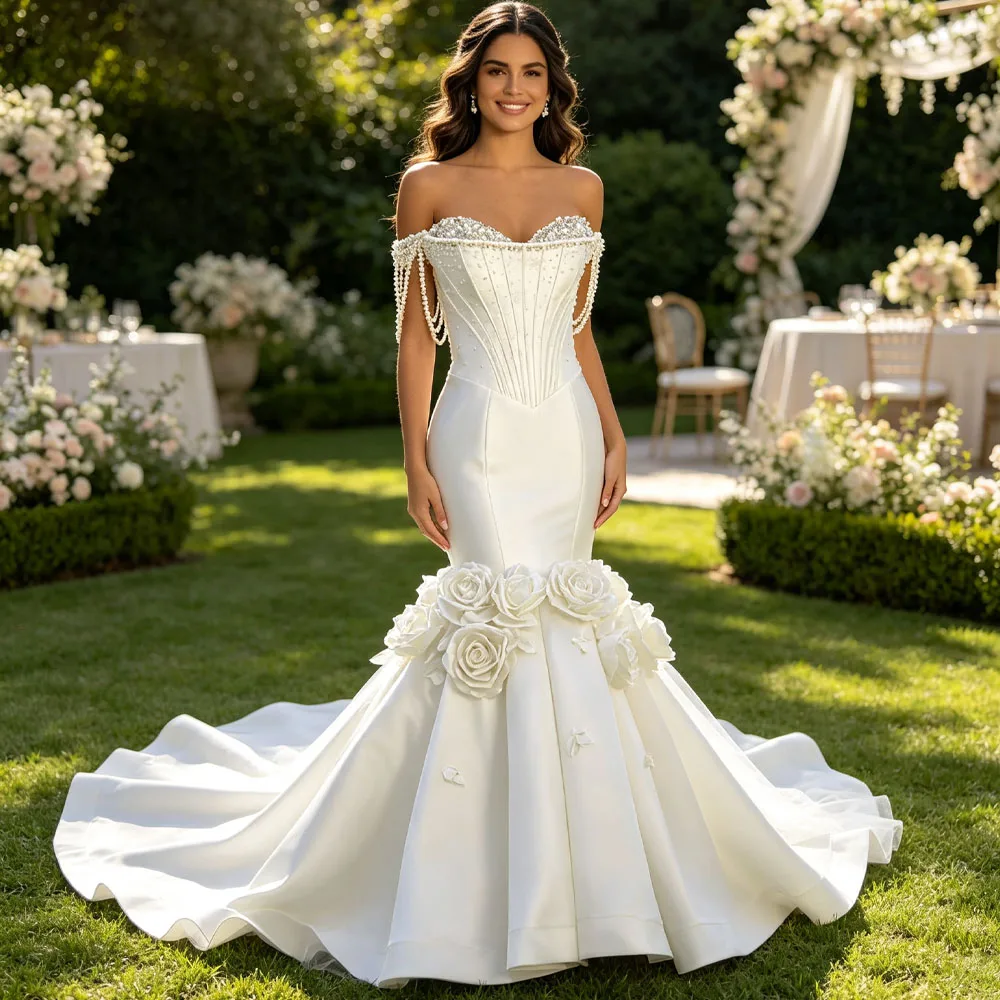 Sheath Fit Wedding Dress Sweetheart Off Shoulder Lace Up Back Beading Crystal Pearls 3D Flower Customized Bridal Dress