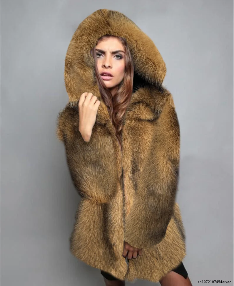 Winter Fashion Thick Faux Fox Fur Hooded Fur Coat women\'s mid-length Loose Warm Jacket Warm Loose Coat For Woman