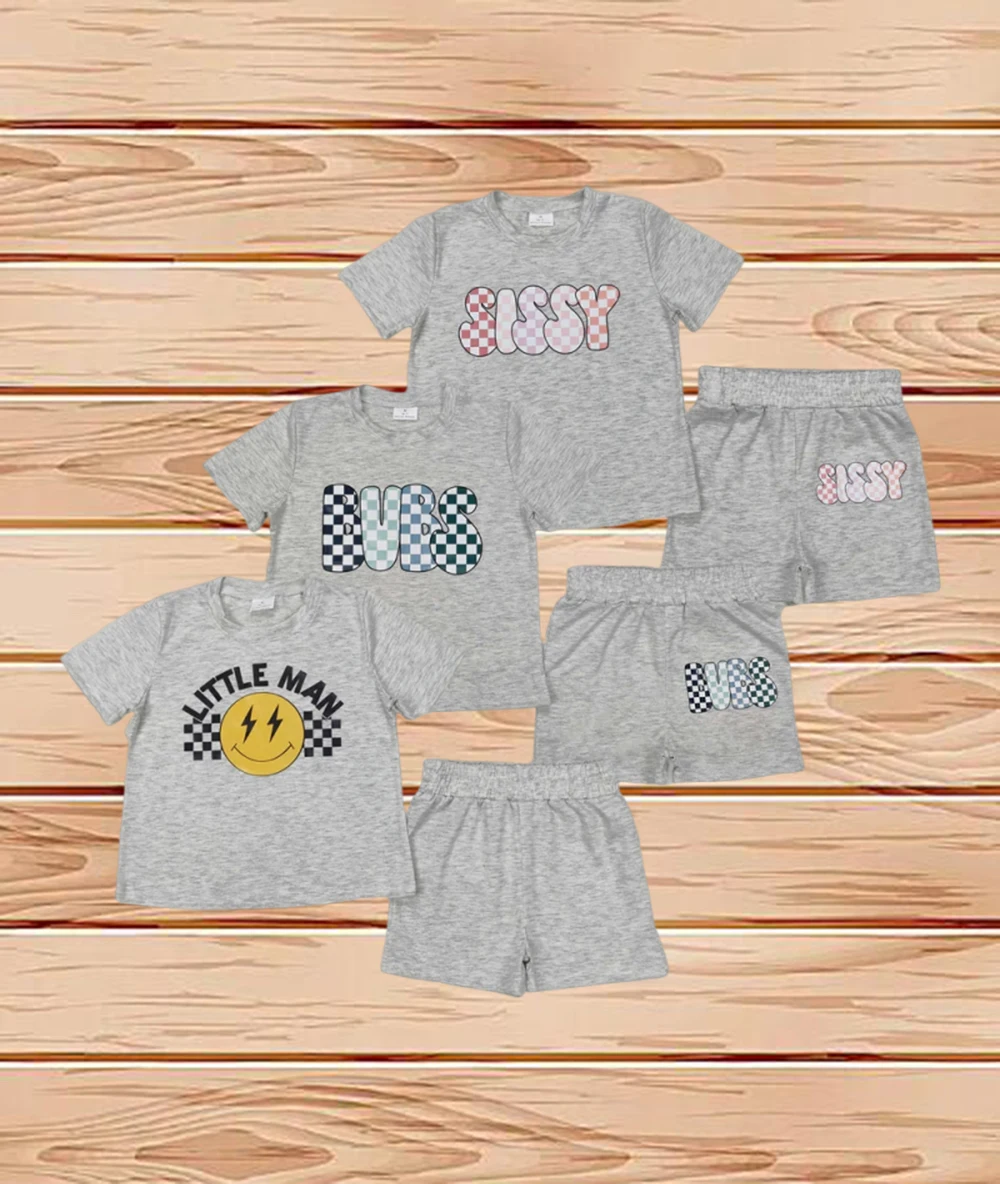 

3.24 Wholesale Western Boutique children clothing Outfits Sibling Vinyl Baby Boys Cotton Top Sports Shorts Clothes Sets