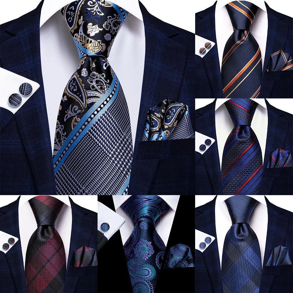 

Hi-Tie Designer New Luxury Brand Ties For Men Blue Striped Elegant Mens Ties Gentlemen Business Necktie Handky Cufflinks