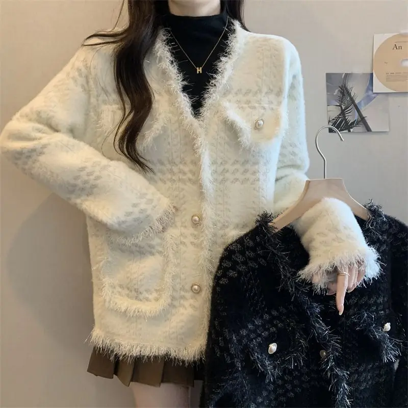 Women Clothing Kawaii Clothes Autumn Jacket Sweater Knit Cardigan French Chiffon Jacket Long Sleeve Tassel Raw Edge V-neck Coat