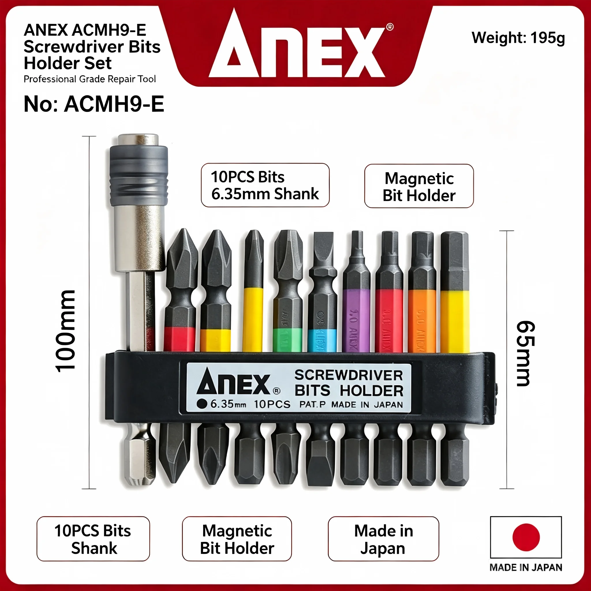 ANEX ACMH9-E 9PCS Color Coded Screwdriver Bits With Extension Holder Fit Manual & Electric Drill