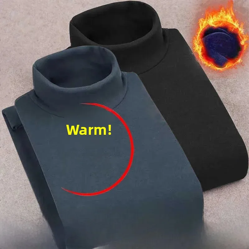 Double-Sided Fleece Long Sleeve T-Shirt Men's Autumn Winter  Color Half-High Collar Thermal Warm Base Layer Shirt