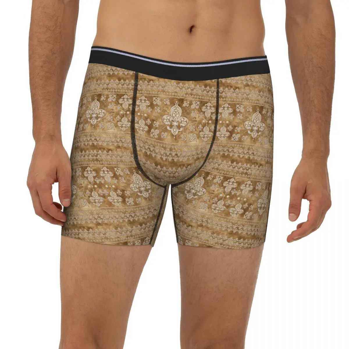 

Fleur-de-lis Роскошные длинные трусы-боксеры с жемчугом и золотом, короткие мужские трусы, вентилируемое нижнее белье для мужчин, подарки бойфренду