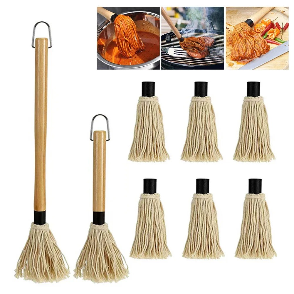Cepillo de fregona para barbacoa, mango largo de madera, cepillo para salsa de barbacoa, cepillo para morder, cepillo profesional para barbacoa, herramienta de cocina para barbacoa