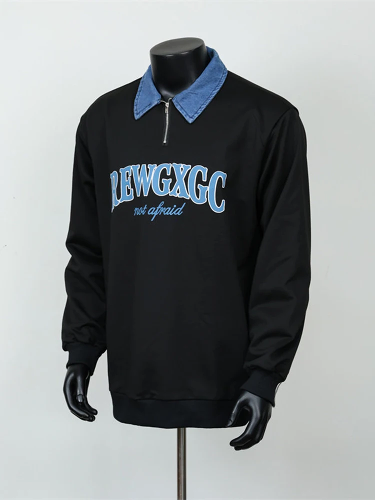 

Men's Zip-Up Hoodie Autumn Winter Collar Denim Patchwork Casual Loose Fit Antwrinkle Wear Resistant Teenager Top