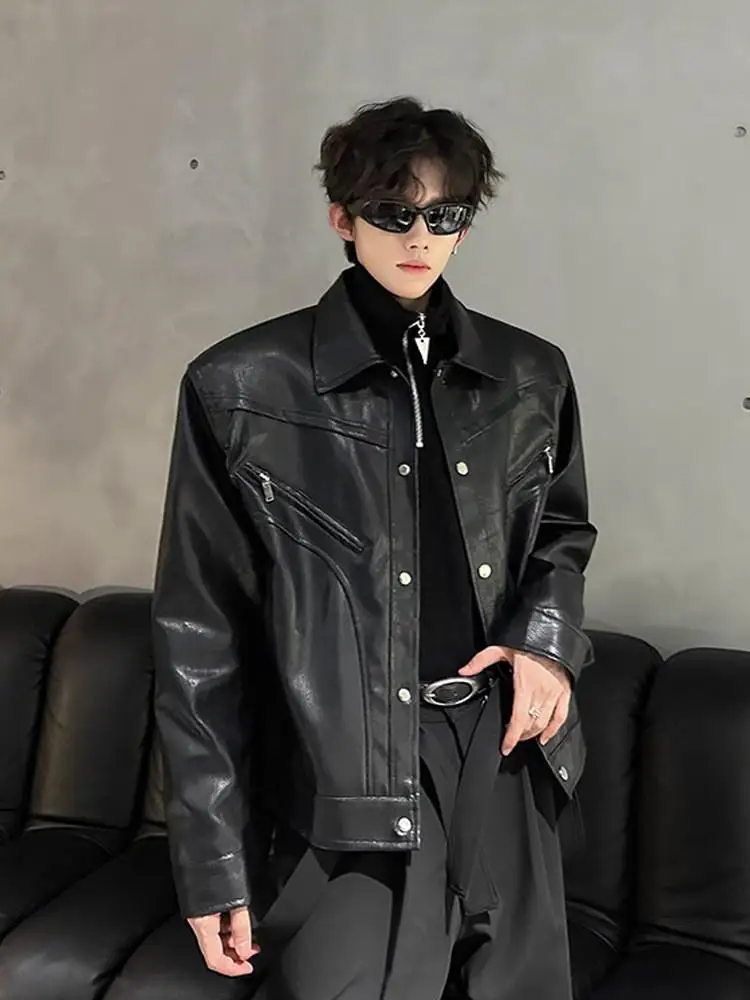 

Мужская кожаная куртка с плечами, повседневная прямая линия по подолу, без бренда, свободная посадка, сшитая линия, прочная повседневная одежда без железа