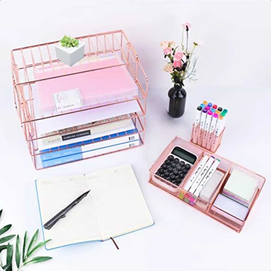 Vassoio per lettere Organizzatori di file di documenti da scrivania a 4 livelli Organizzatore di carta con portapenne Vassoio portaoggetti in rete a 3 scomparti carino Home Offi