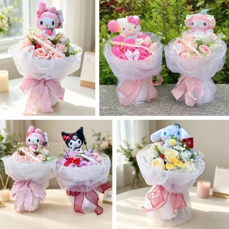Image of Echte My Melody Kuromi Cinnamoroll Hellokitty Plüschpuppe Handgefertigter Blumenstrauß Valentinstag Weihnachten Abschlussgeschenke