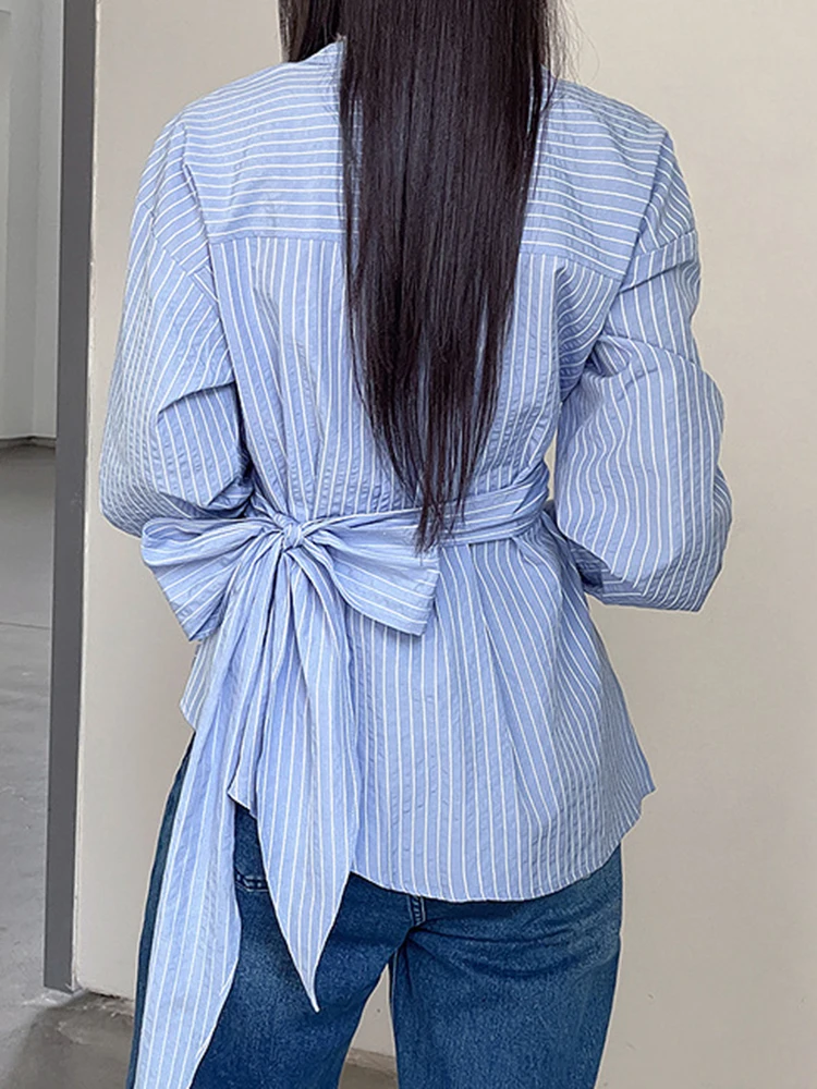 YERMORA Blue Striped Irregular Bandage Casual Blouse For Women Lapel Long Sleeve Loose New Shirt Fashion Tide Spring Autumn 2025