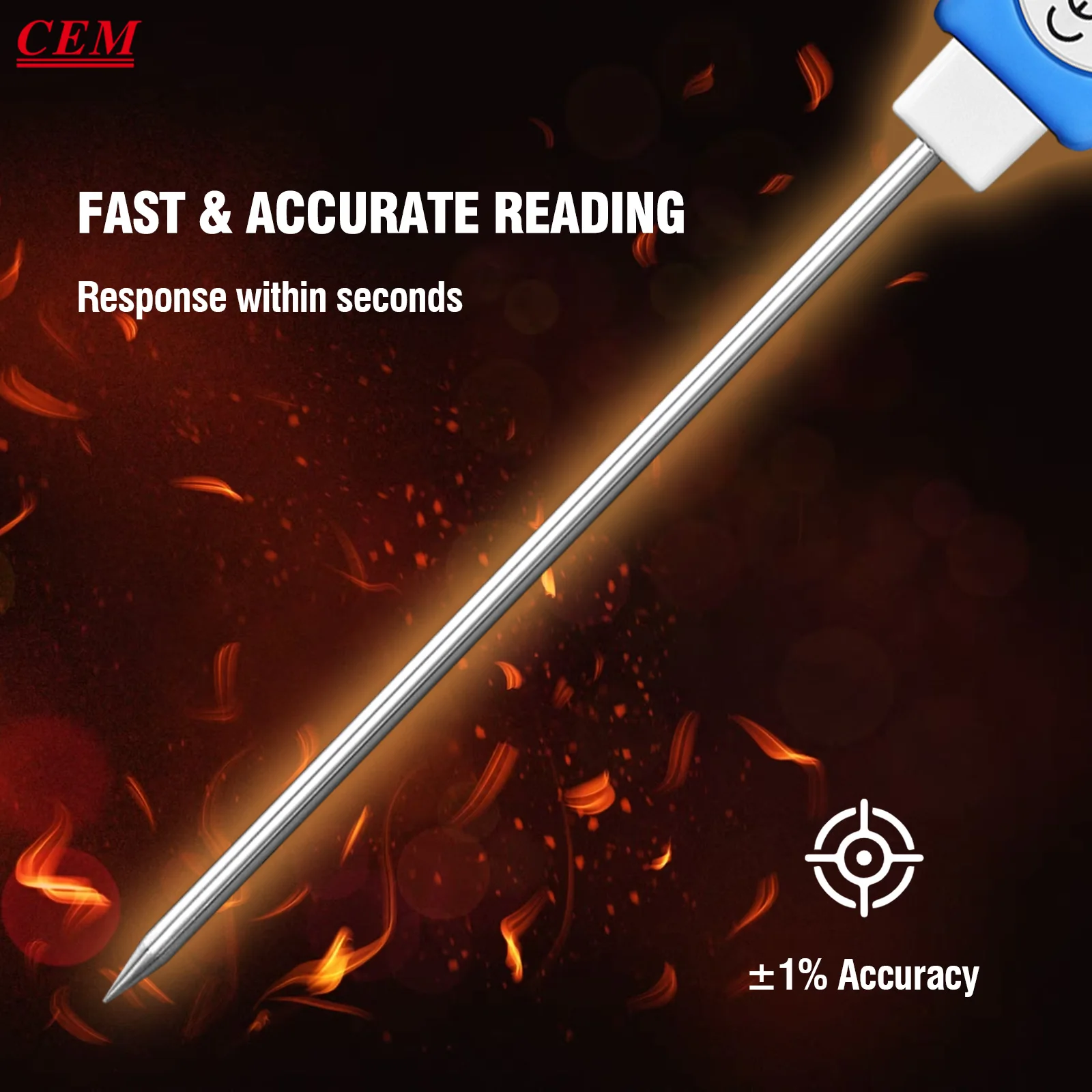 ميزان حرارة اللحوم الرقمي CEM، قراءة فورية مع مسبار طويل عالي الدقة وإضاءة خلفية للشواية والشواء والفرن والمطبخ