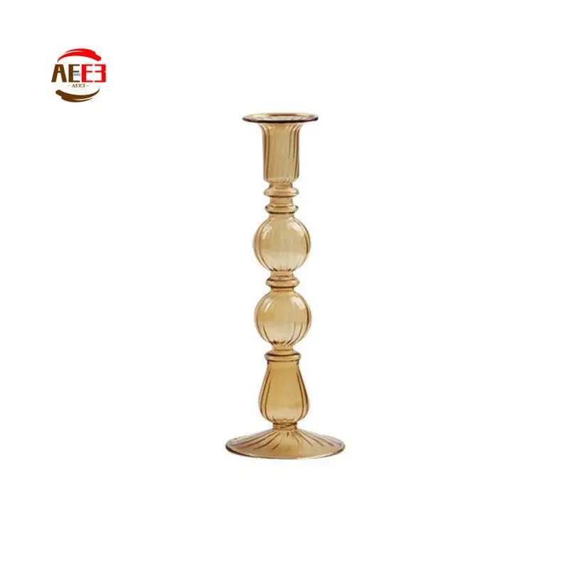 AEE3-Romantic Glass Candle Holder Vintage Glass Candlestick Hydroponic Transparent Vase European Style Gift