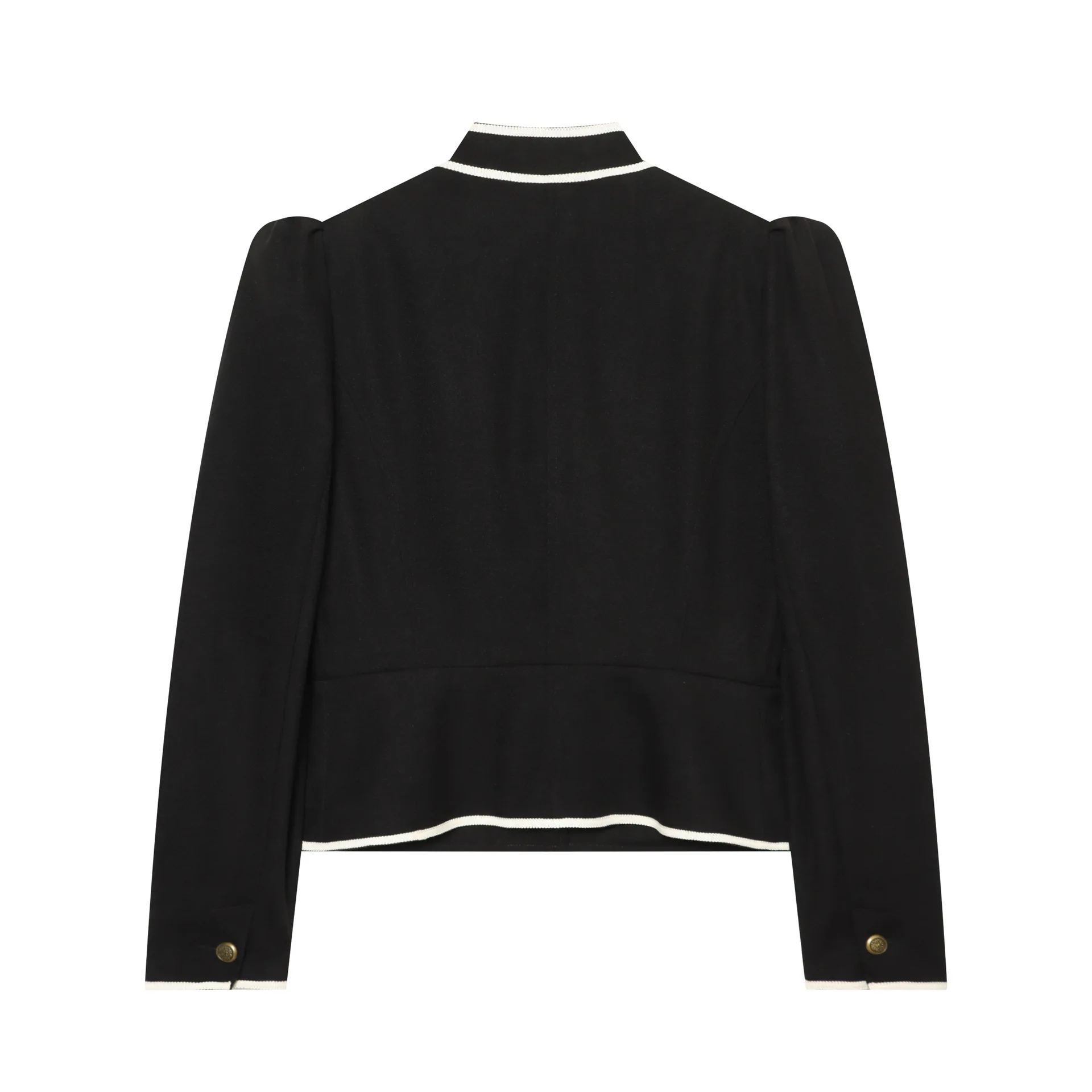 CHIC Autumn Women Black With White Binding Stand Collar Blazer Single-breasted Metal Buttons Suit Puff Sleeve Short Coat Outwear