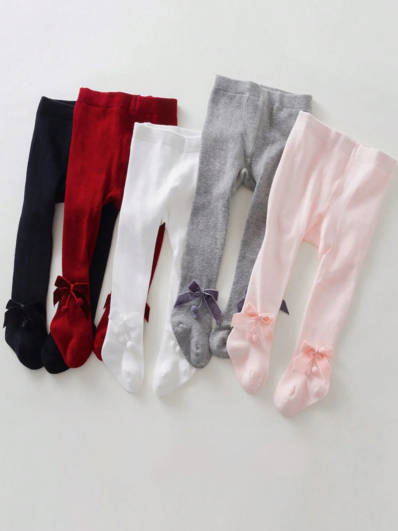 5 Pairs Solid-Color Leggings for Girls with Bownot Decoration,Breathable Pantyhoses Suitable for Daily Wear in Spring and Autumn