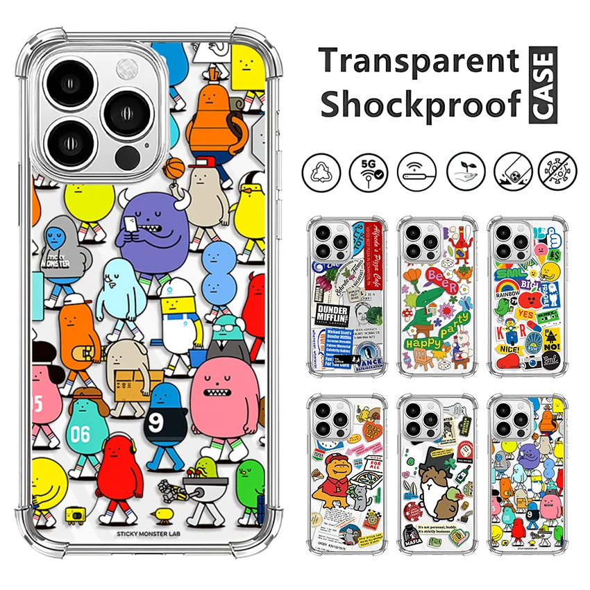 Cute Little Monster World Sticker Phone Case For iPhone 16 15 14 13 12 11 Pro X XS XR Max 7 8 Plus SE Mini Soft Clear TPU Cover