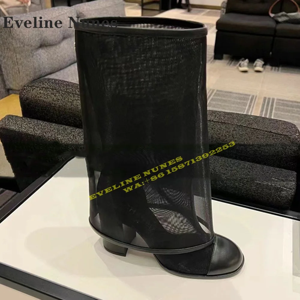 Black Round Toe Mesh Sleeve Boots Block Heel Hollow Out Pull On Sexy Women Knee-High Boots Big Size Elegant Gladiator 2024 Trend