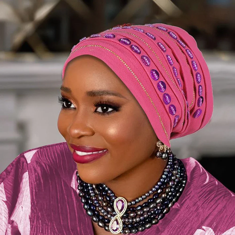 

Nigeria Wedding Geles Diamonds Turban Cap Hijab Women Muslim Headscarf Hat African Auto Gele Headties Head Wrap Bonnet Headgear