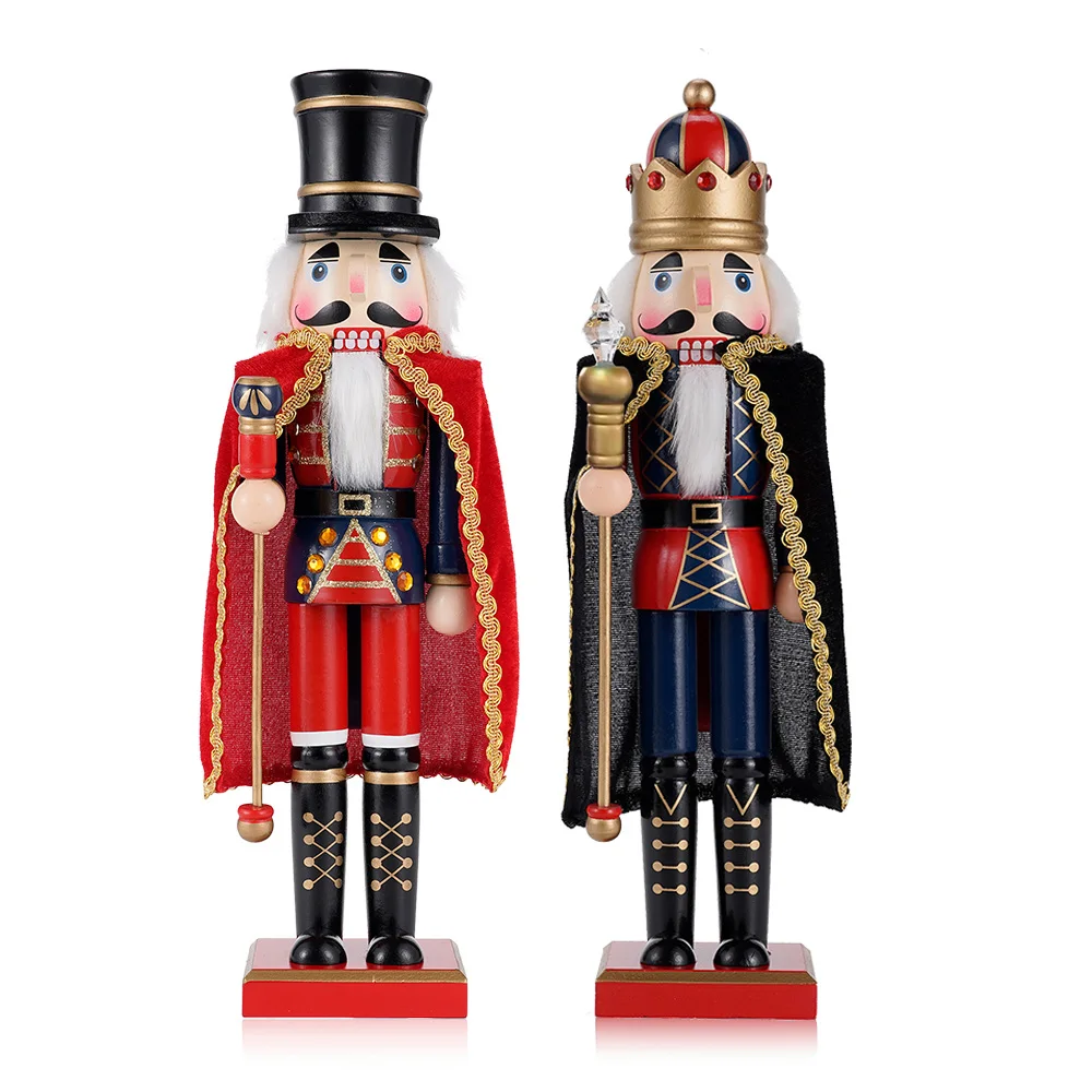 38CM Christmas Nutcracker Wooden Nutcracker Ornament Cloak Soldier Handcraft Doll Toy Home Office Desktop Xmas Decoration Gift